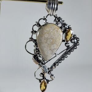 Handmade Silver Pendant – Fossil Coral & Citrine Accents + 20" Silver Chain